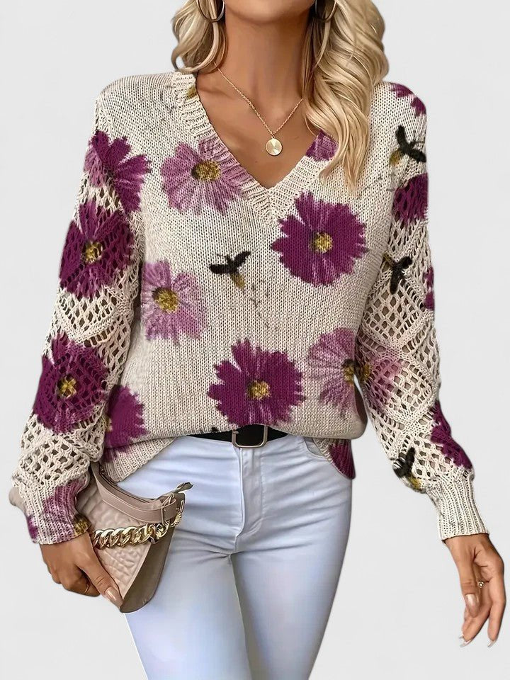 Women's Floral V-Neck Jumper - Purple