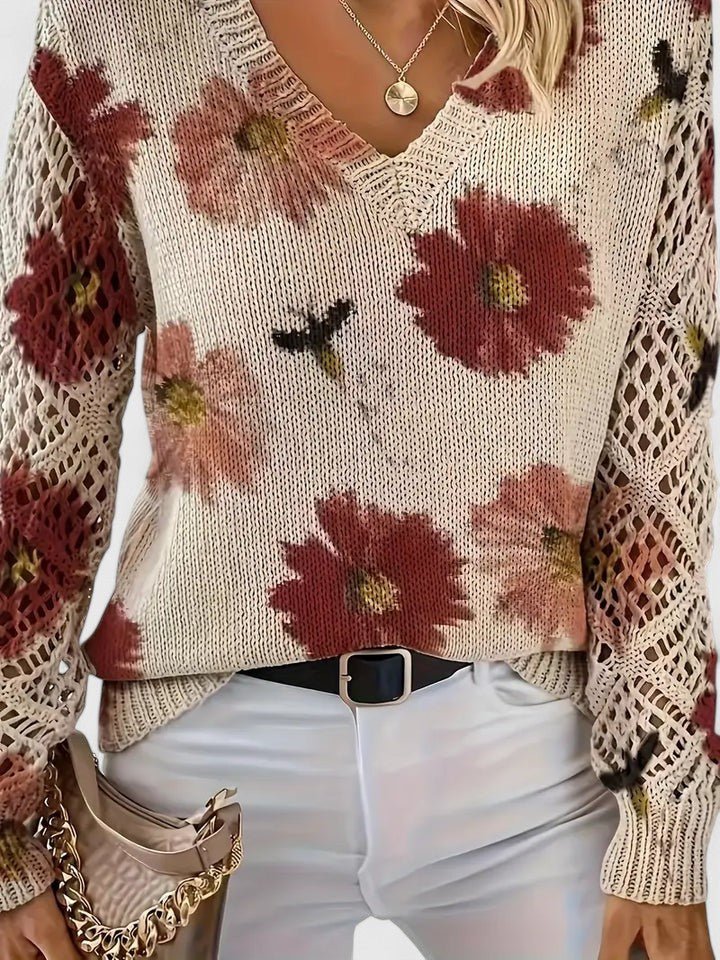 Women's Floral V-Neck Jumper - Red