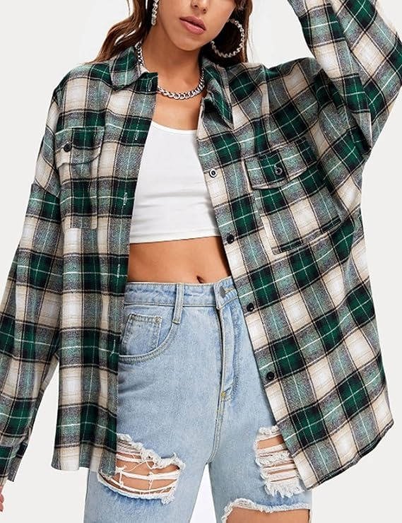 Women's Oversized Plaid Flannel Shacket - Olive