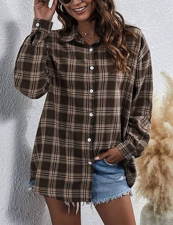 Women's Oversized Plaid Flannel Shacket - Dark Brown