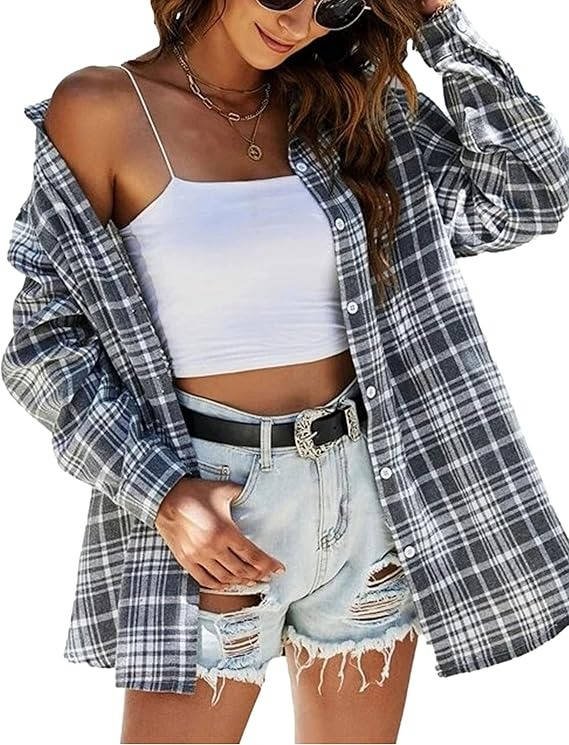 Women's Oversized Plaid Flannel Shacket - Gray