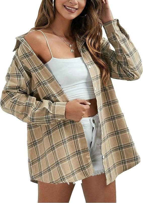 Women's Oversized Plaid Flannel Shacket - Champagne