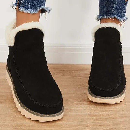 Women's Suede Platform Winter Ankle Boots - Black