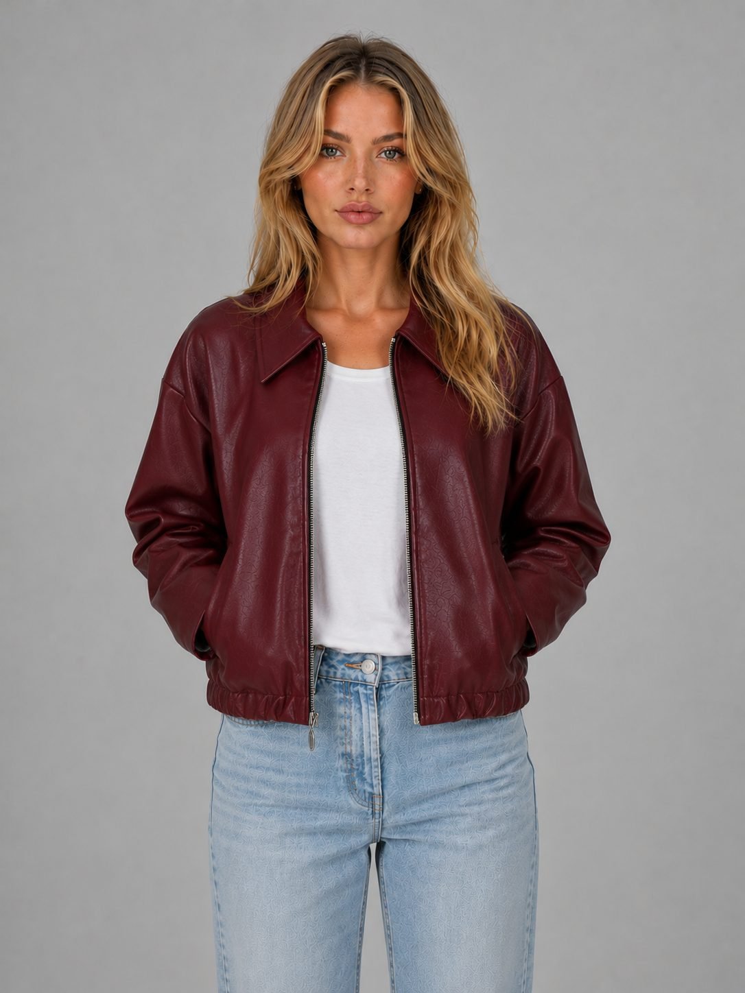 Women's Cropped Faux Leather Bomber Jacket