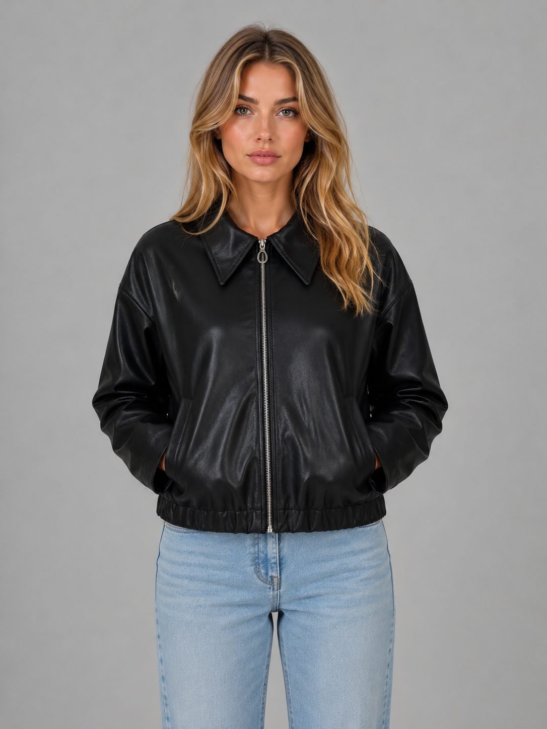 Women's Cropped Faux Leather Bomber Jacket - Black