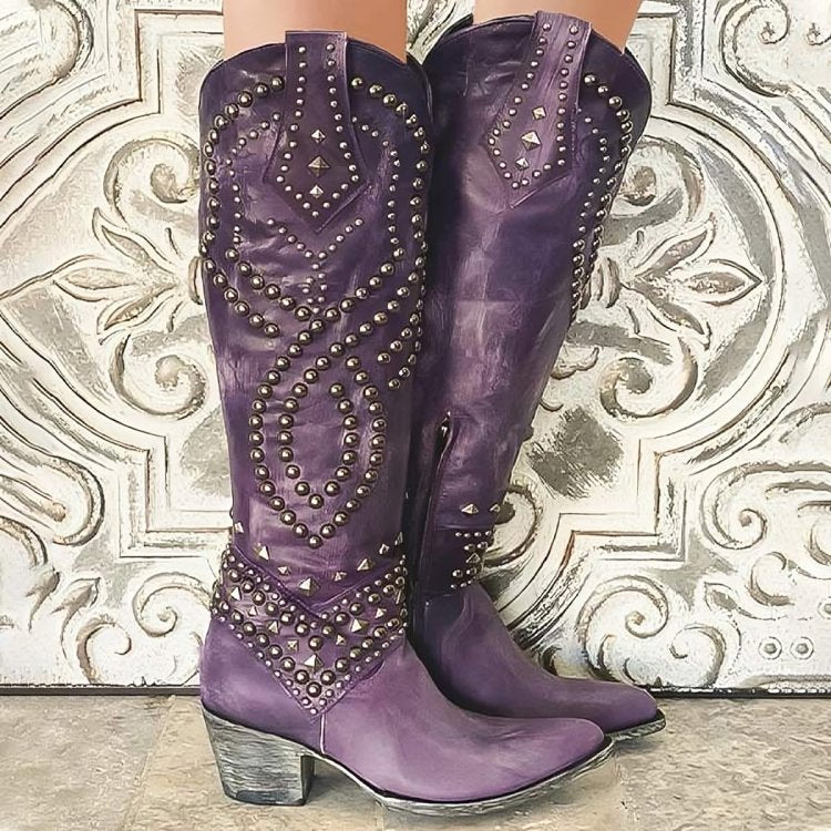 Women's Leather Western Cowboy Knee-High Boots - Purple