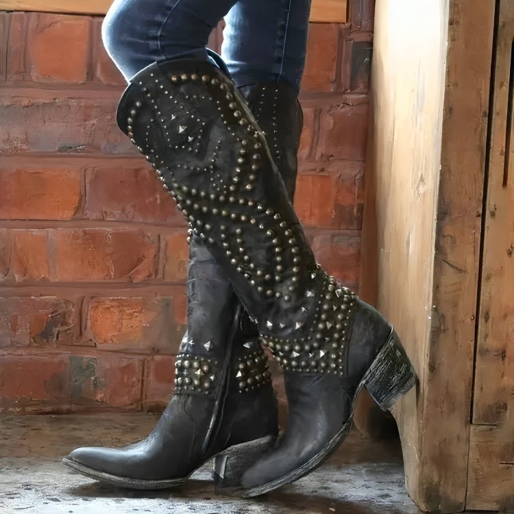 Women's Leather Western Cowboy Knee-High Boots - Black