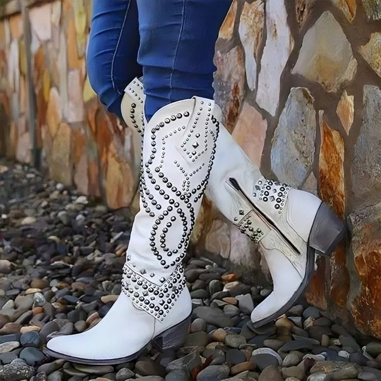 Women's Leather Western Cowboy Knee-High Boots - White