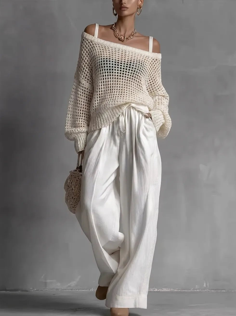 Women's Off-Shoulder Crochet Jumper - White
