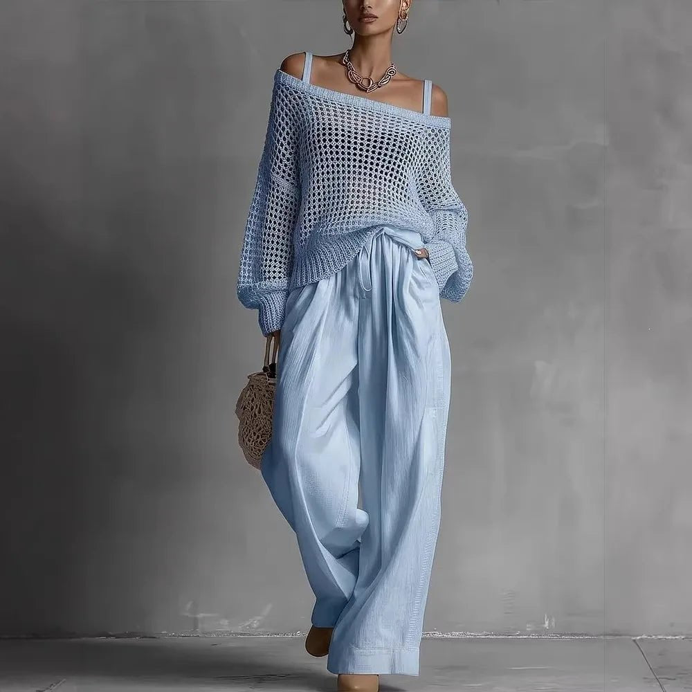 Women's Off-Shoulder Crochet Jumper - Light Blue