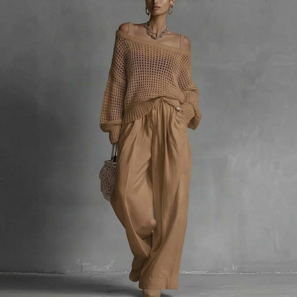 Women's Off-Shoulder Crochet Jumper - Khaki