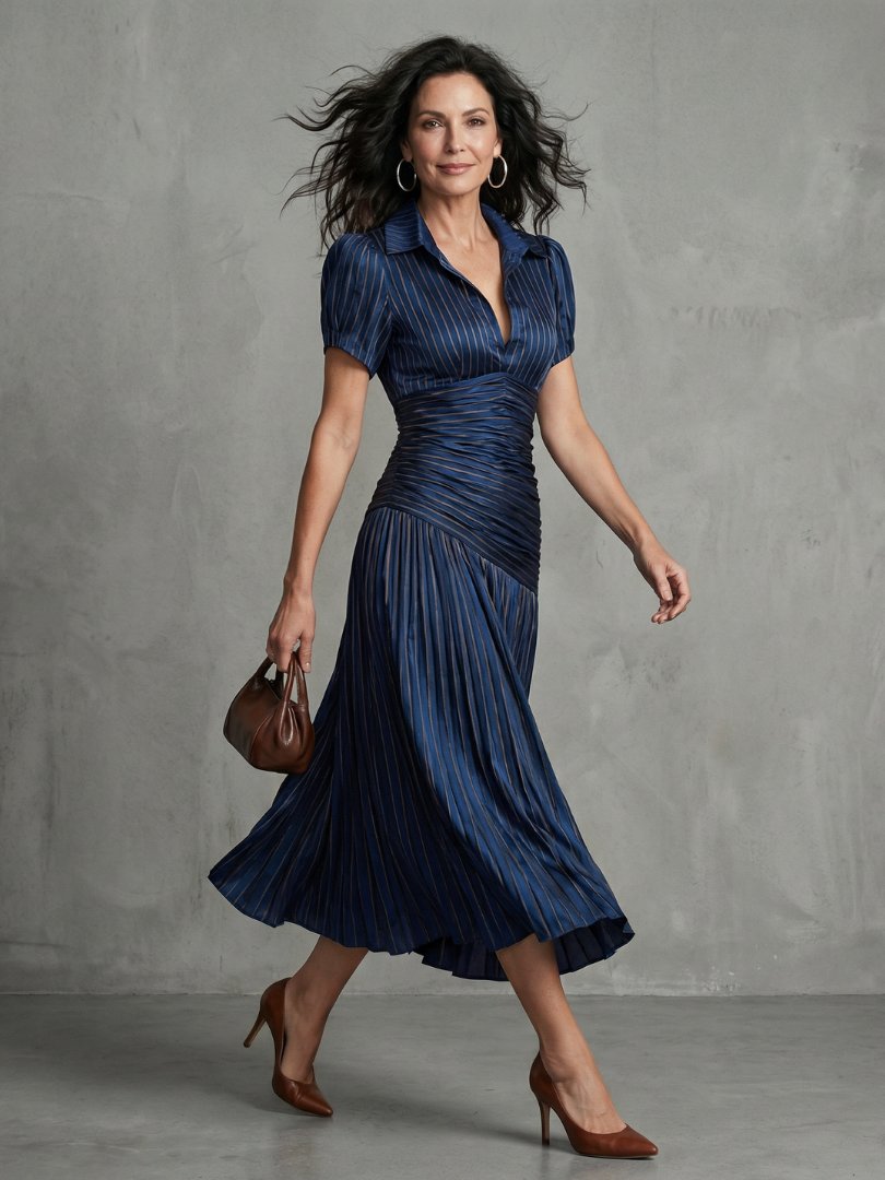 Women's Striped Satin Midi Party Dress - Blue