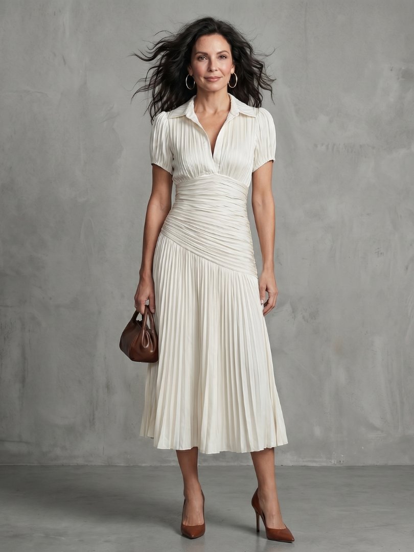 Women's Striped Satin Midi Party Dress - White