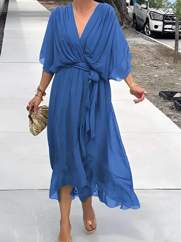 Women's Black V-Neck Chiffon Wrap Midi Dress - Blue