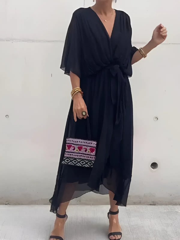 Women's Black V-Neck Chiffon Wrap Midi Dress - Black