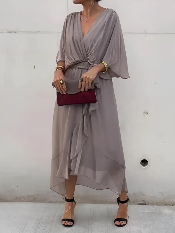 Women's Black V-Neck Chiffon Wrap Midi Dress - Gray