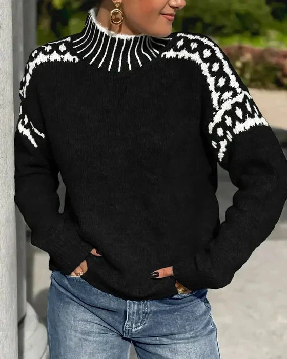 Women's Oversized Leopard Funnel Neck Jumper - Black