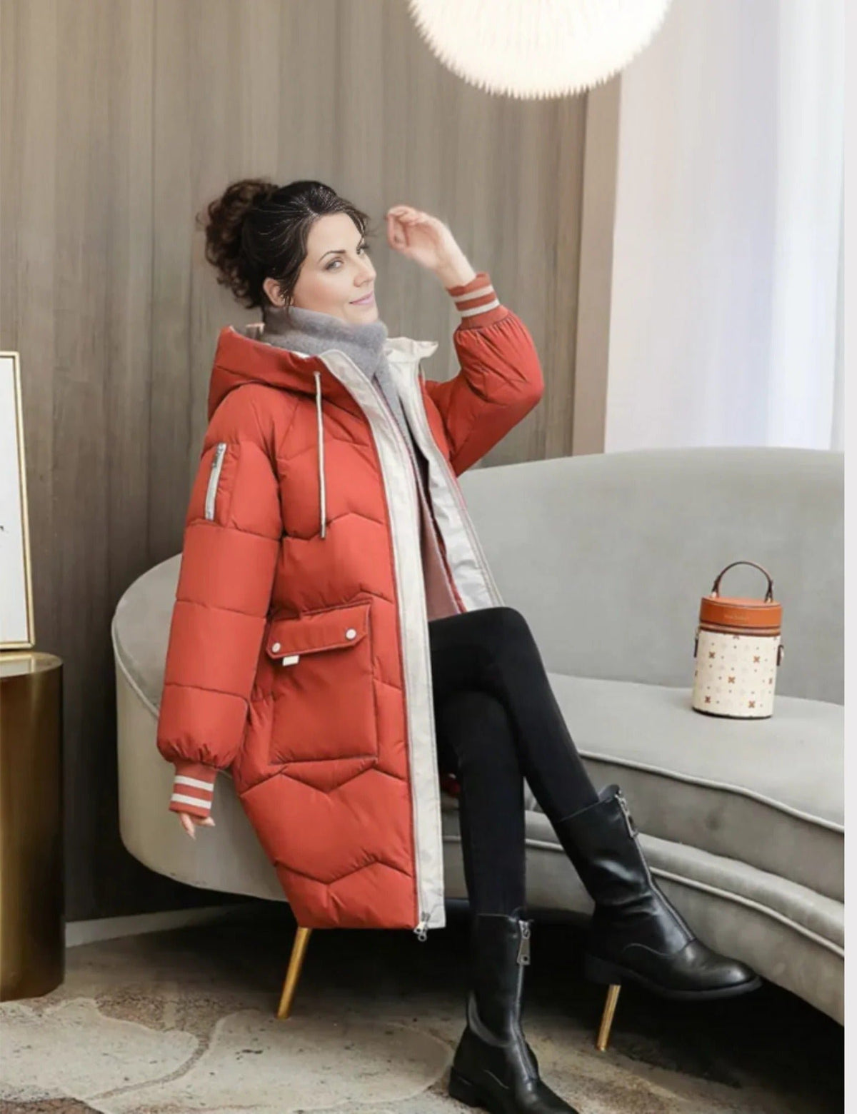 Women's Quilted Hooded Longline Puffer Coat - Red
