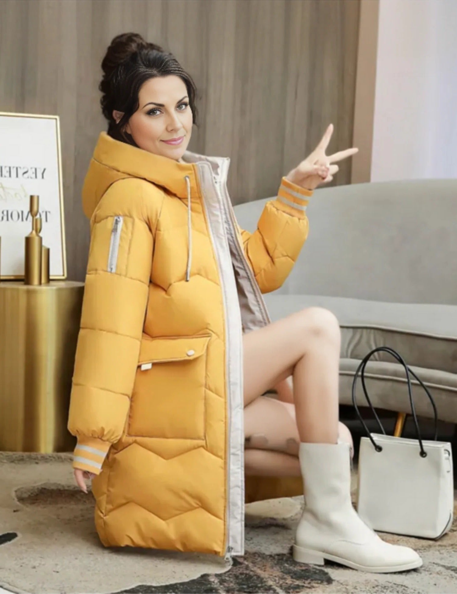 Women's Quilted Hooded Longline Puffer Coat - Yellow