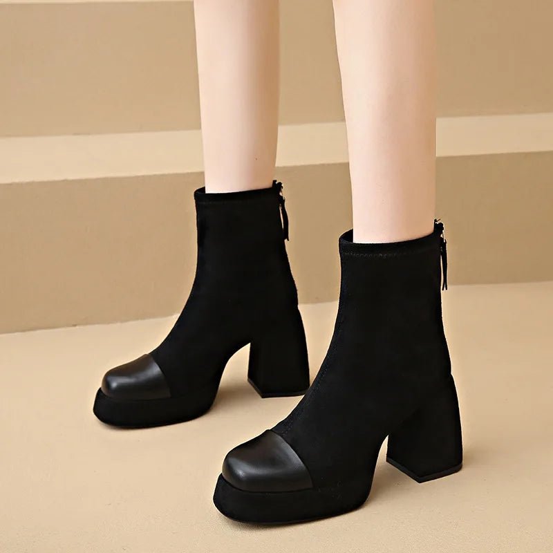 Women's Suede Platform Ankle Boots - Black