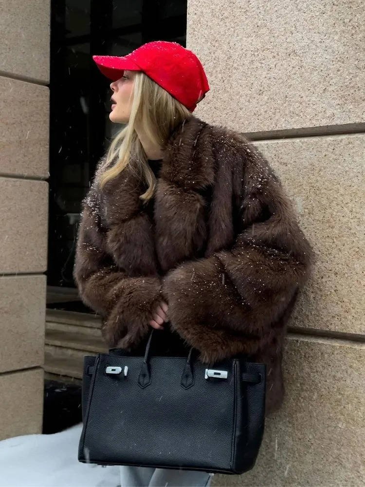 Women's Oversized Faux Fur Coat - Dark Brown
