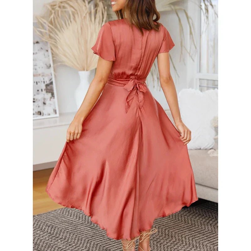 Women's Cocktail Satin Wrap Midi Party Dress
