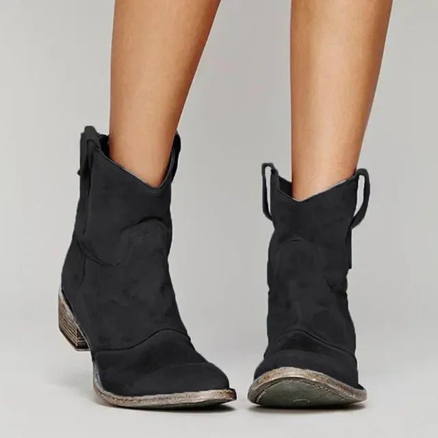 Women's Suede Western Cowboy Ankle Boots - Black