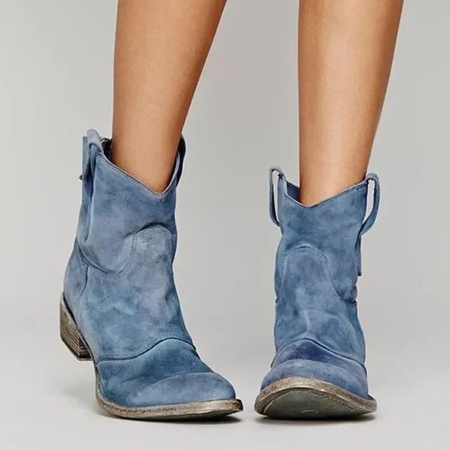 Women's Suede Western Cowboy Ankle Boots - Blue