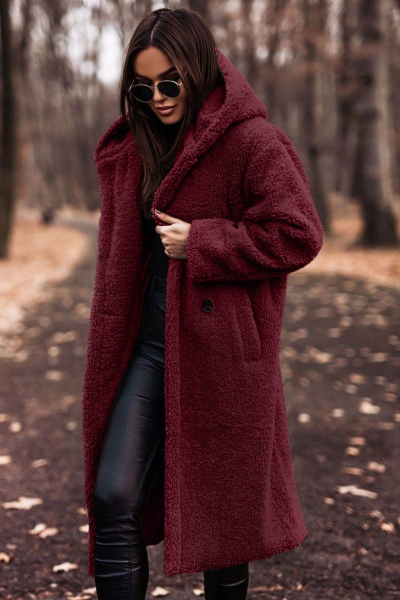 Women's Oversized Hooded Longline Teddy Coat - Red
