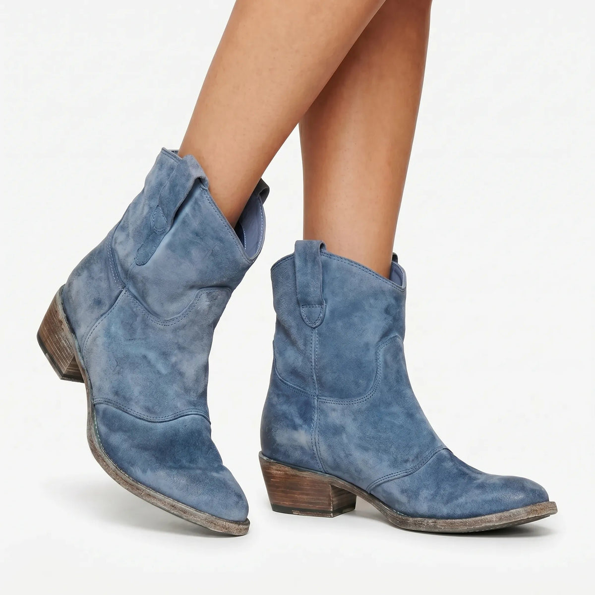 Women's Western Suede Ankle Boots - Blue