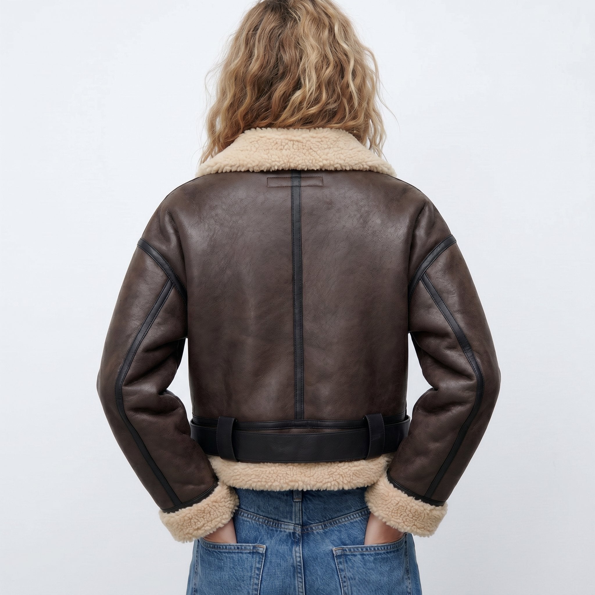 Women's Cropped Faux Leather Aviator Belted Shearling Jacket