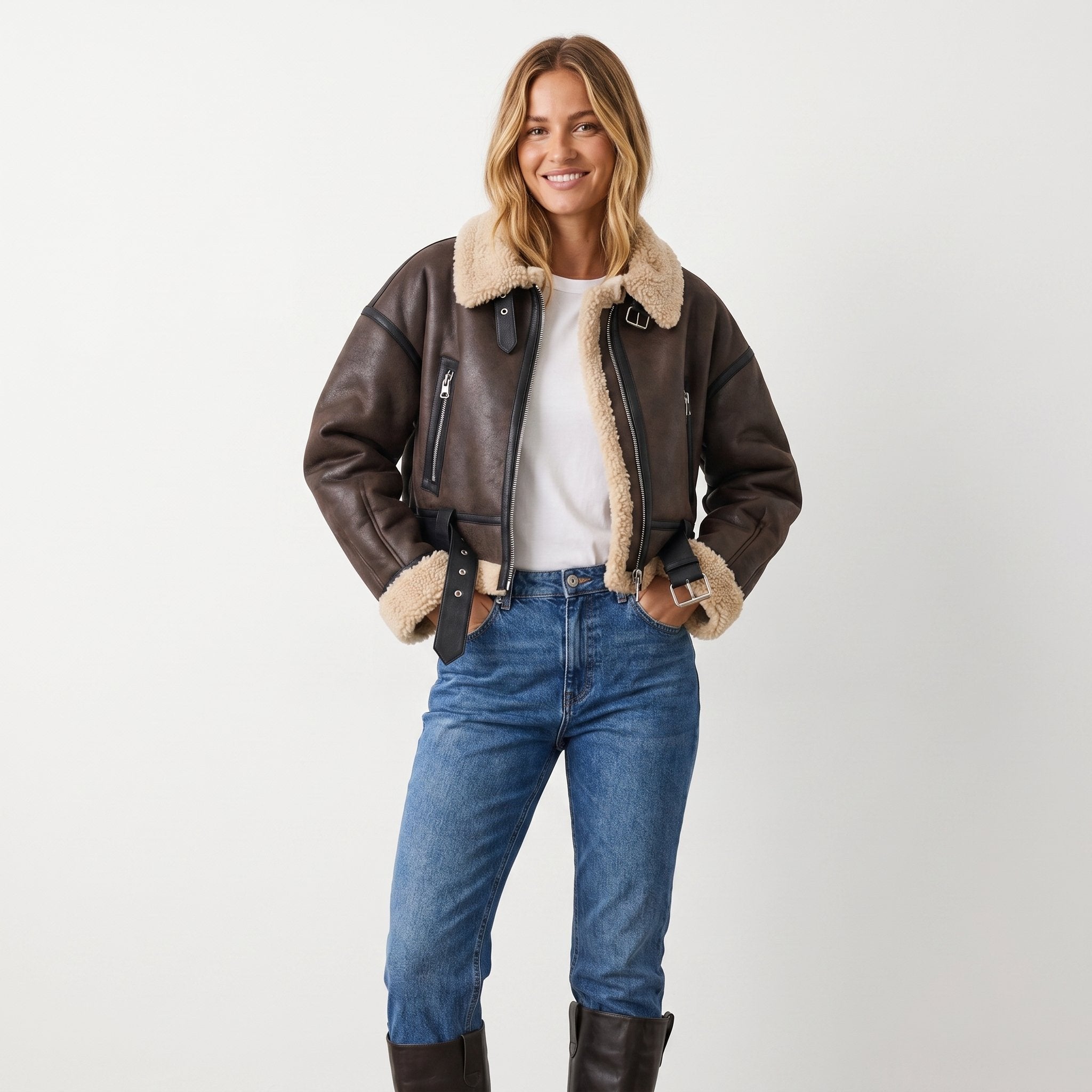 Women's Cropped Faux Leather Aviator Belted Shearling Jacket