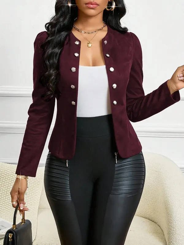 Women's Faux Suede Collarless Cropped Blazer - Burgundy