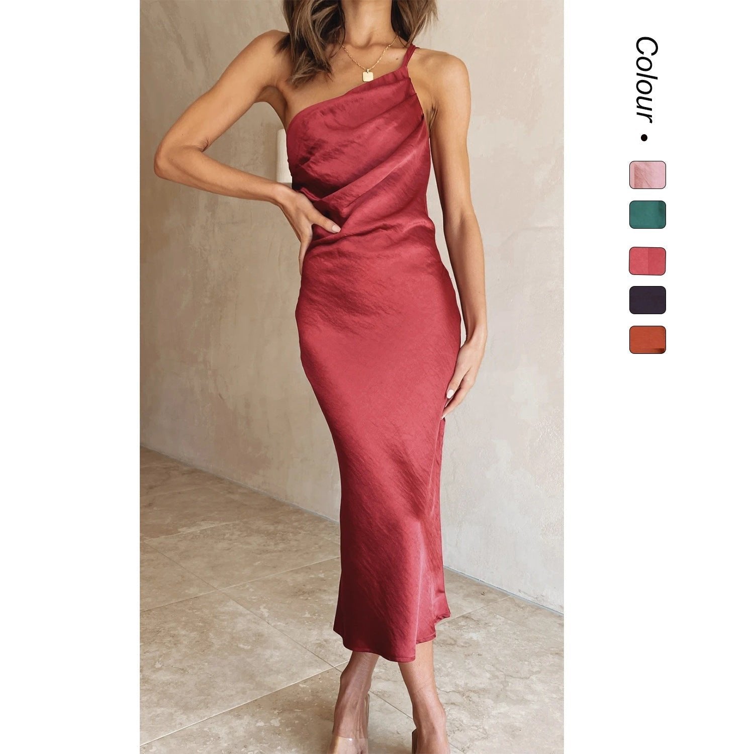 Women's Satin One-Shoulder Bodycon Midi Party Dress