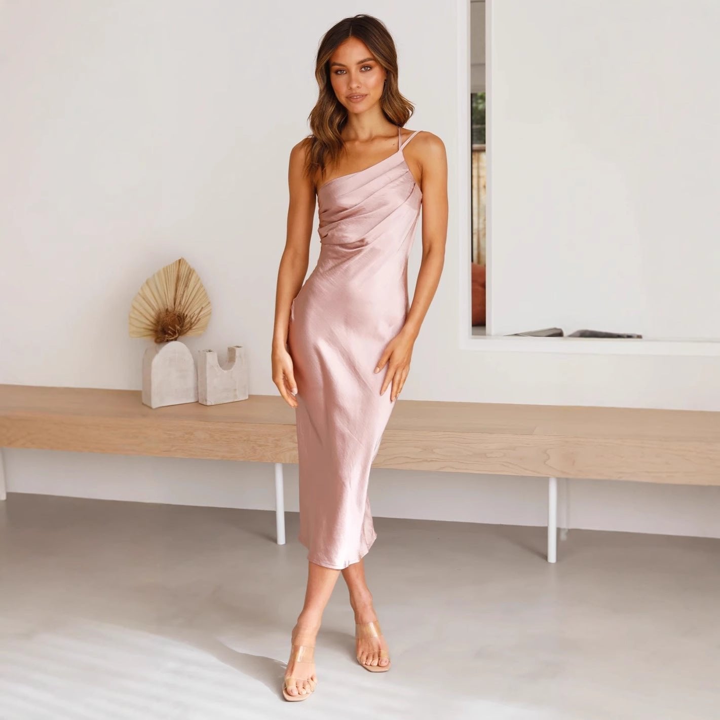 Women's Satin One-Shoulder Bodycon Midi Party Dress