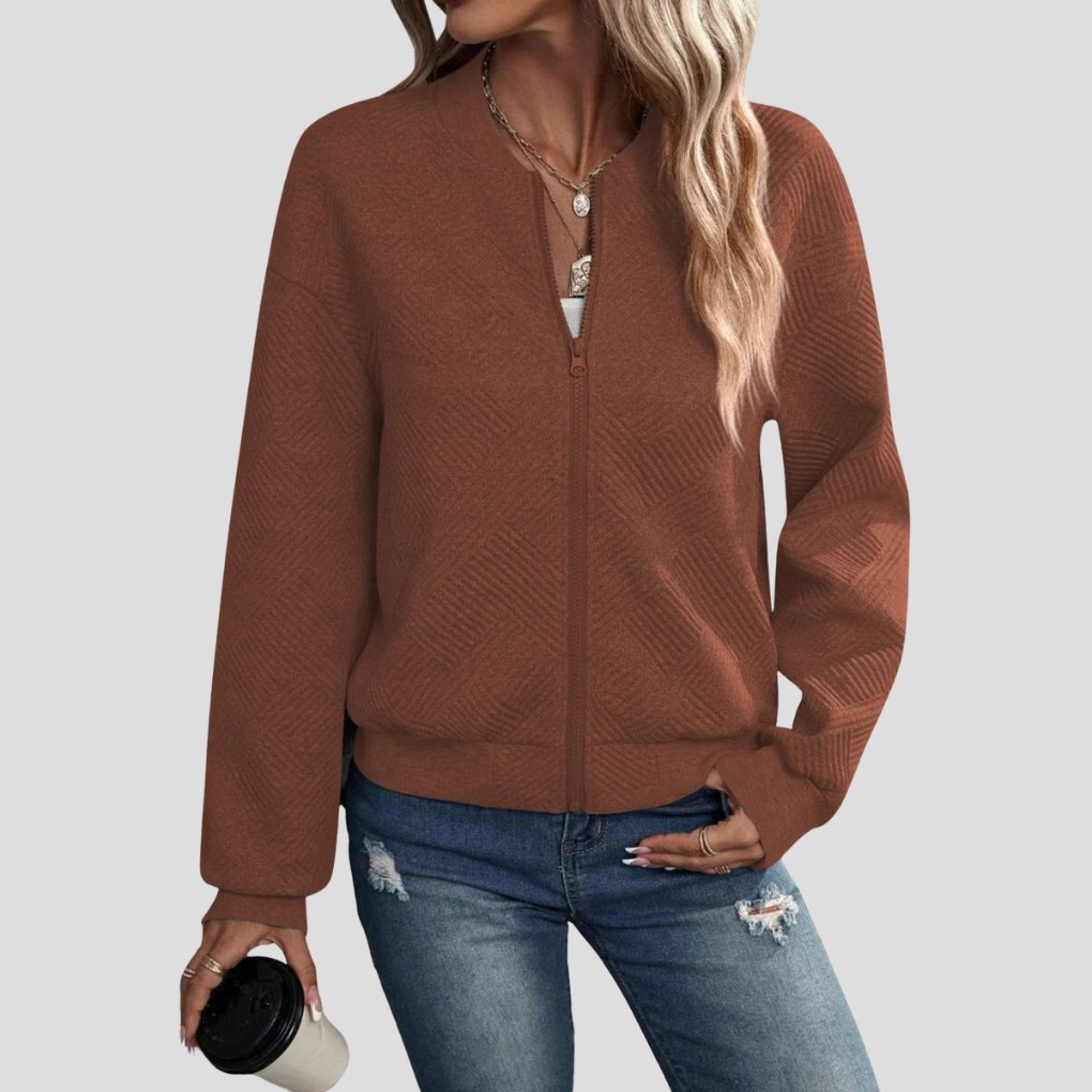 Women's Oversized Knit Bomber Jacket - Brown