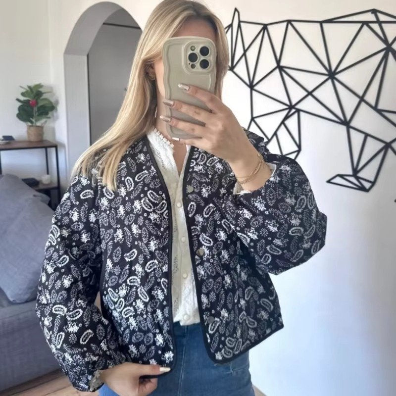 Women's Quilted Paisley Bomber Jacket - Black