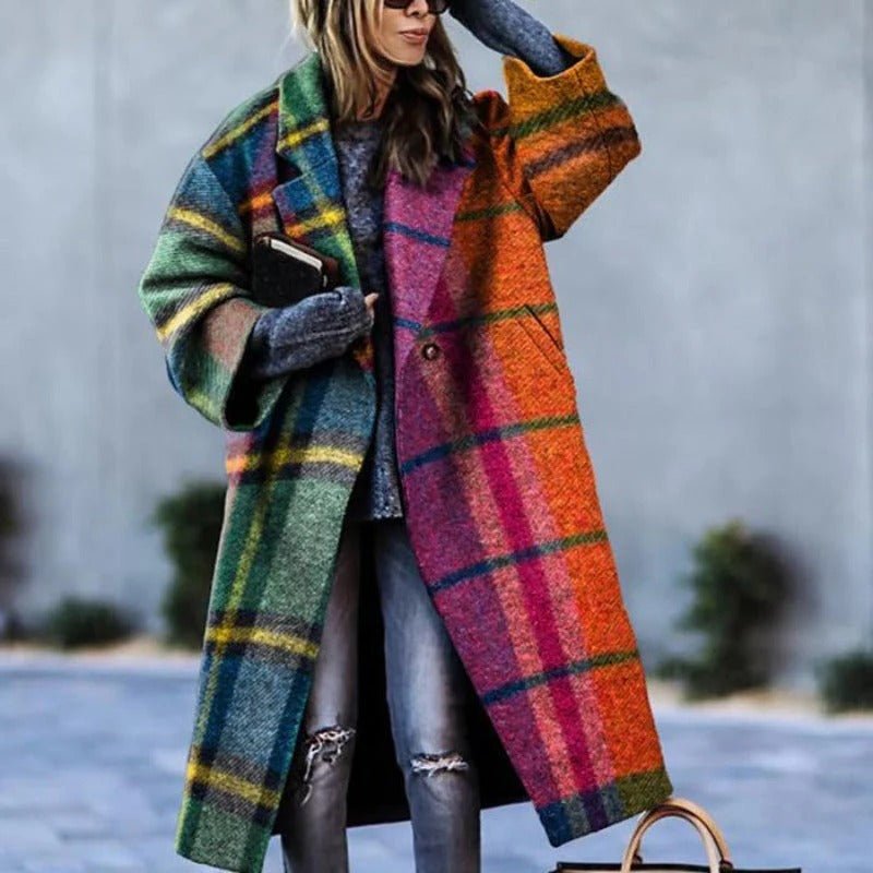 Women's Oversized Plaid Longline Wool Coat - Orange
