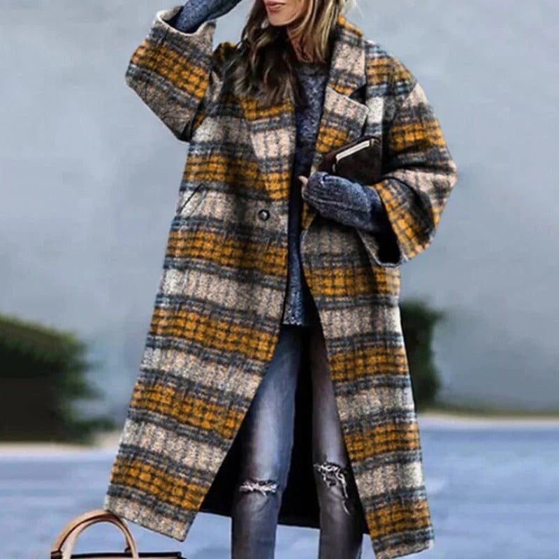 Women's Oversized Plaid Longline Wool Coat - Yellow