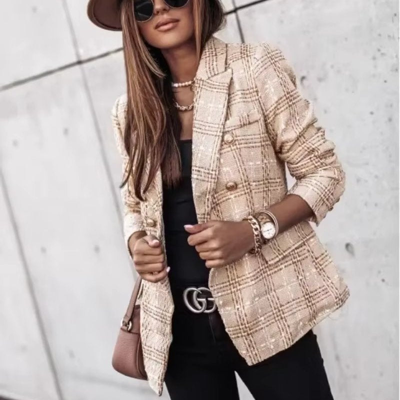 Women's Plaid Tweed Blazer - Khaki