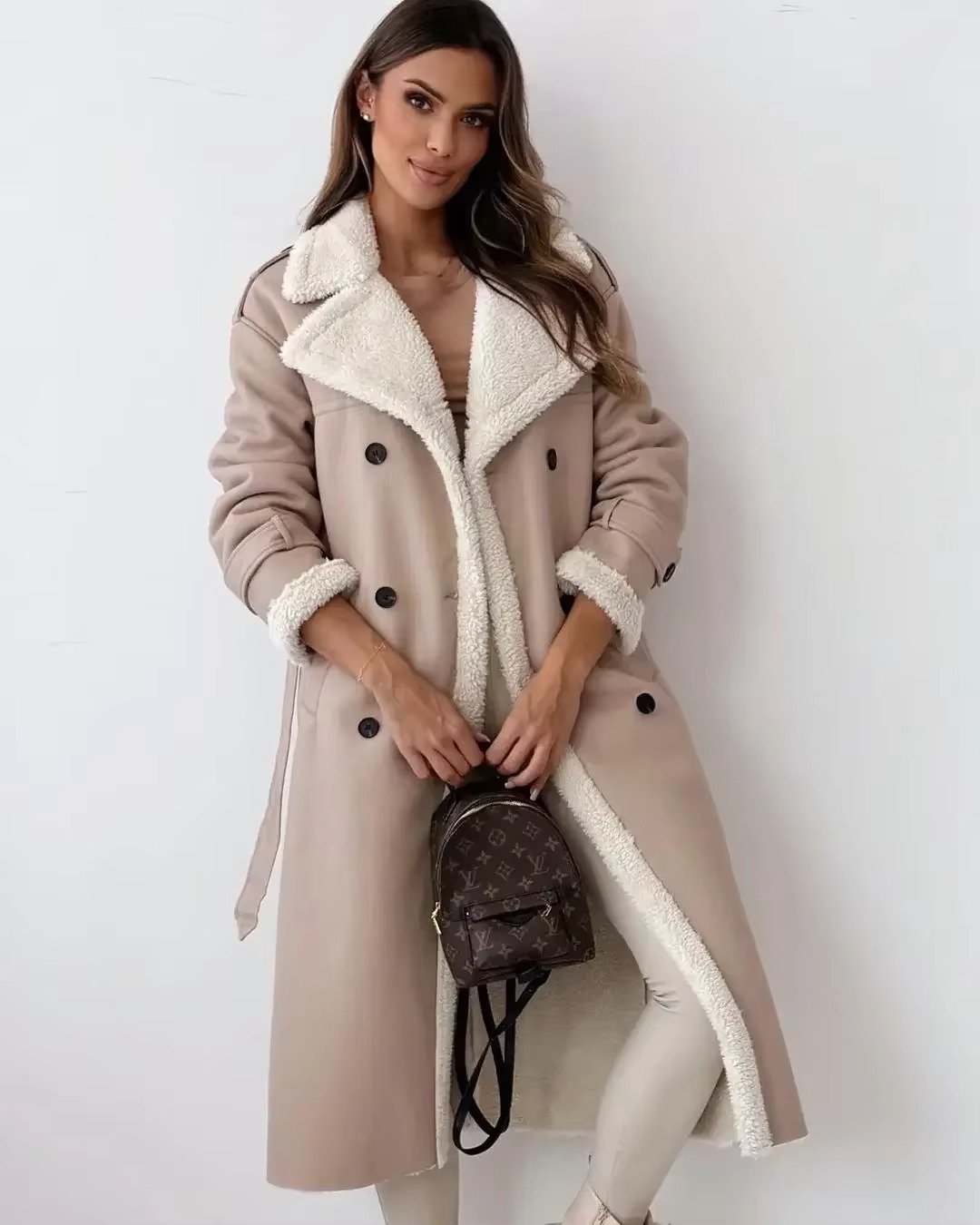 Women's Oversized Faux Leather Longline Teddy Trench Coat - Apricot
