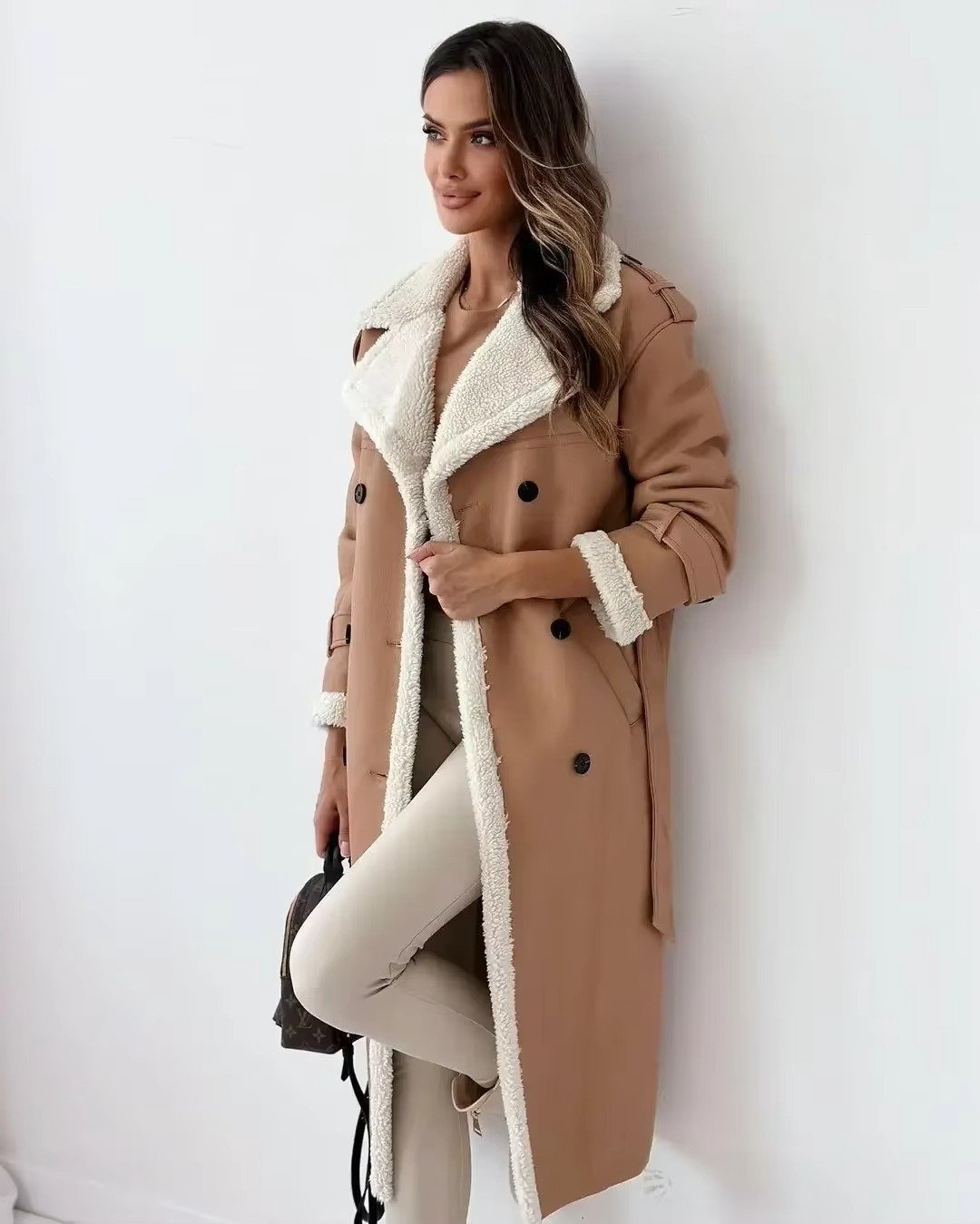 Women's Oversized Faux Leather Longline Teddy Trench Coat - Khaki