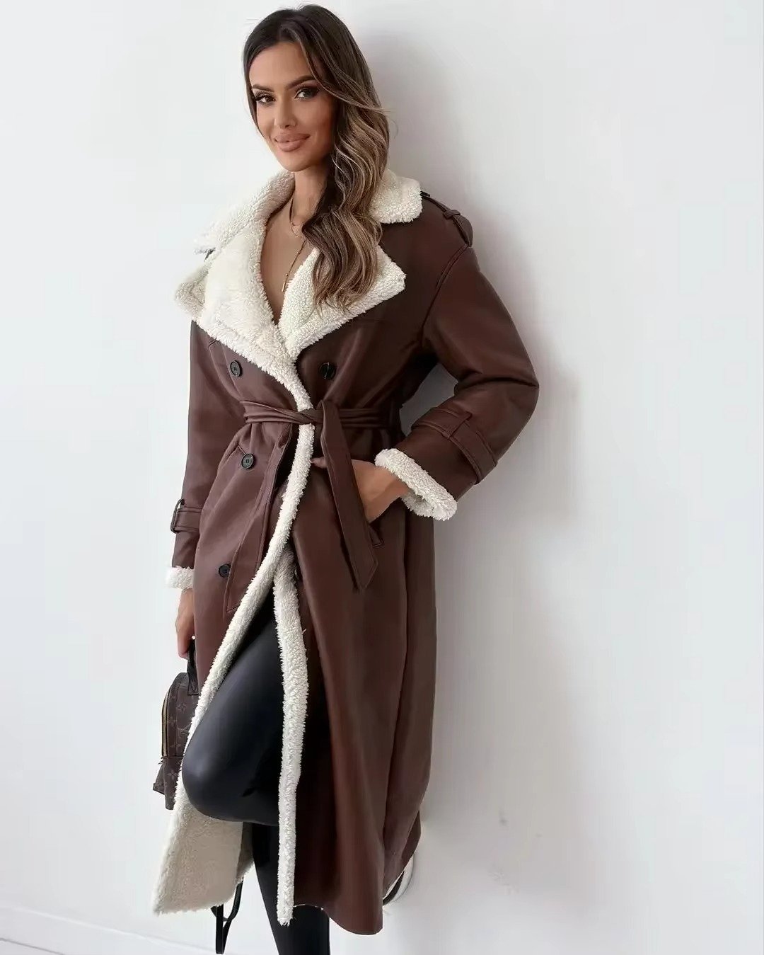 Women's Oversized Faux Leather Longline Teddy Trench Coat - Dark brown