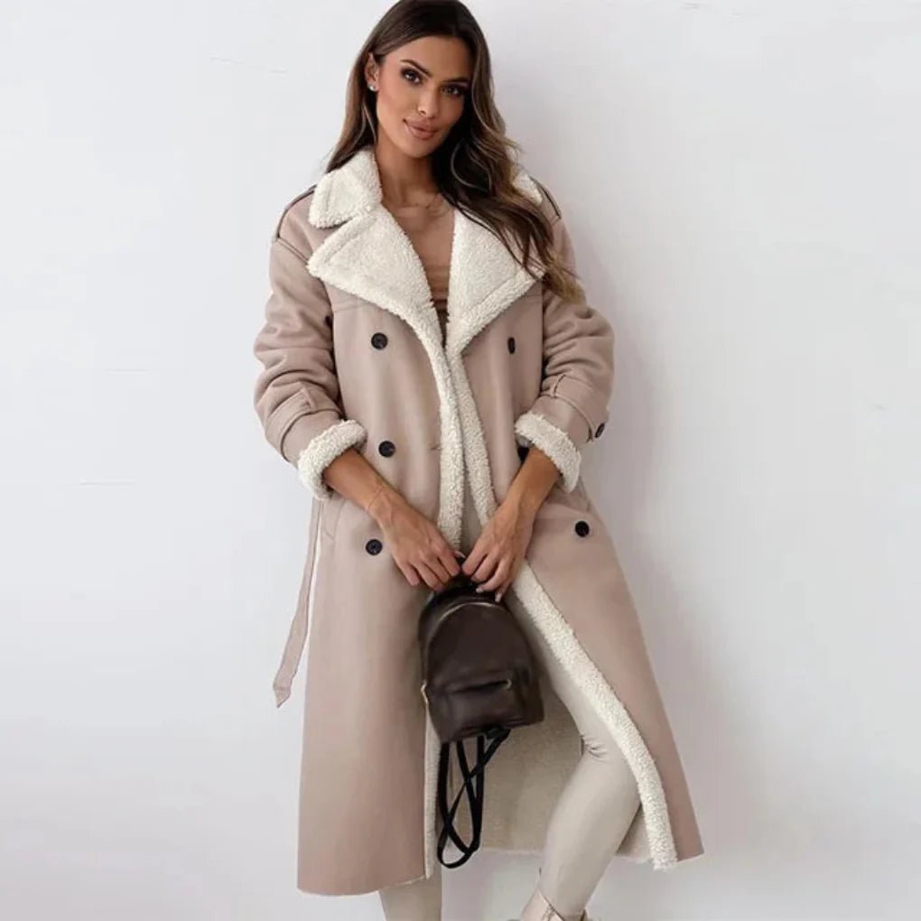 Women's Oversized Faux Leather Belted Shearling Trench Coat - Beige