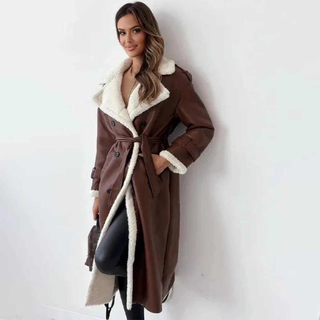 Women's Oversized Faux Leather Belted Shearling Trench Coat - Brown