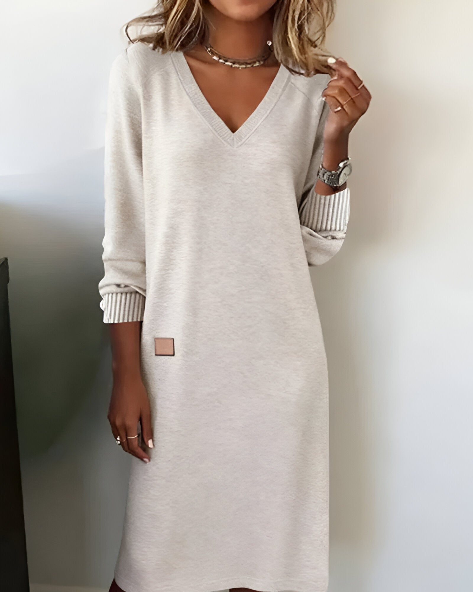 Women's Oversized V-Neck Midi Jumper Dress - Oatmeal