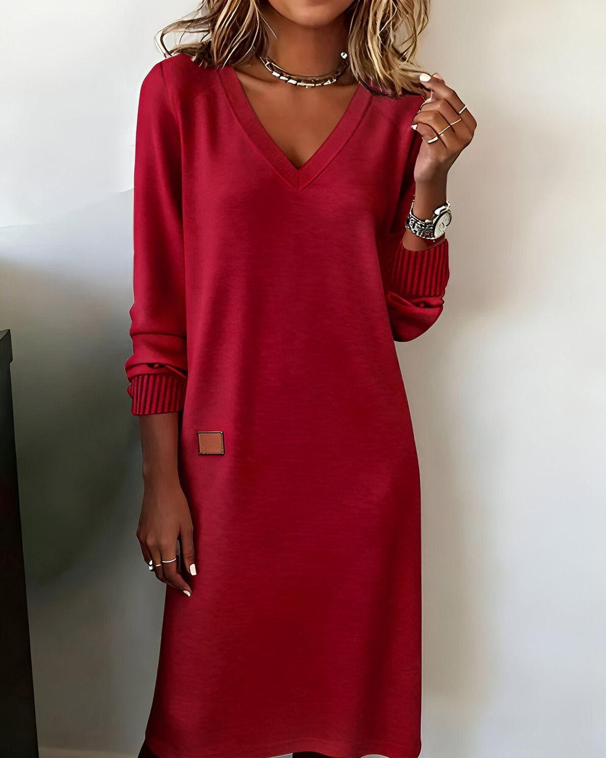 Women's Oversized V-Neck Midi Jumper Dress - Red