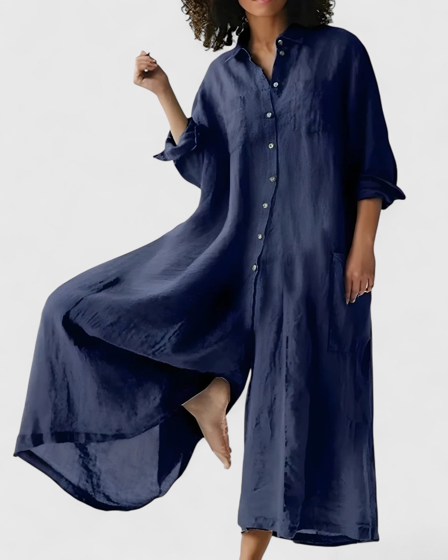 Women's Satin Long Sleeve Maxi Shirt Dress - Blue