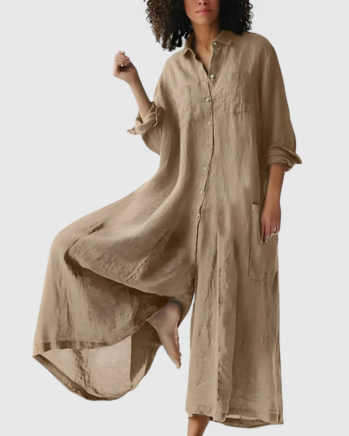 Women's Satin Long Sleeve Maxi Shirt Dress - Khaki
