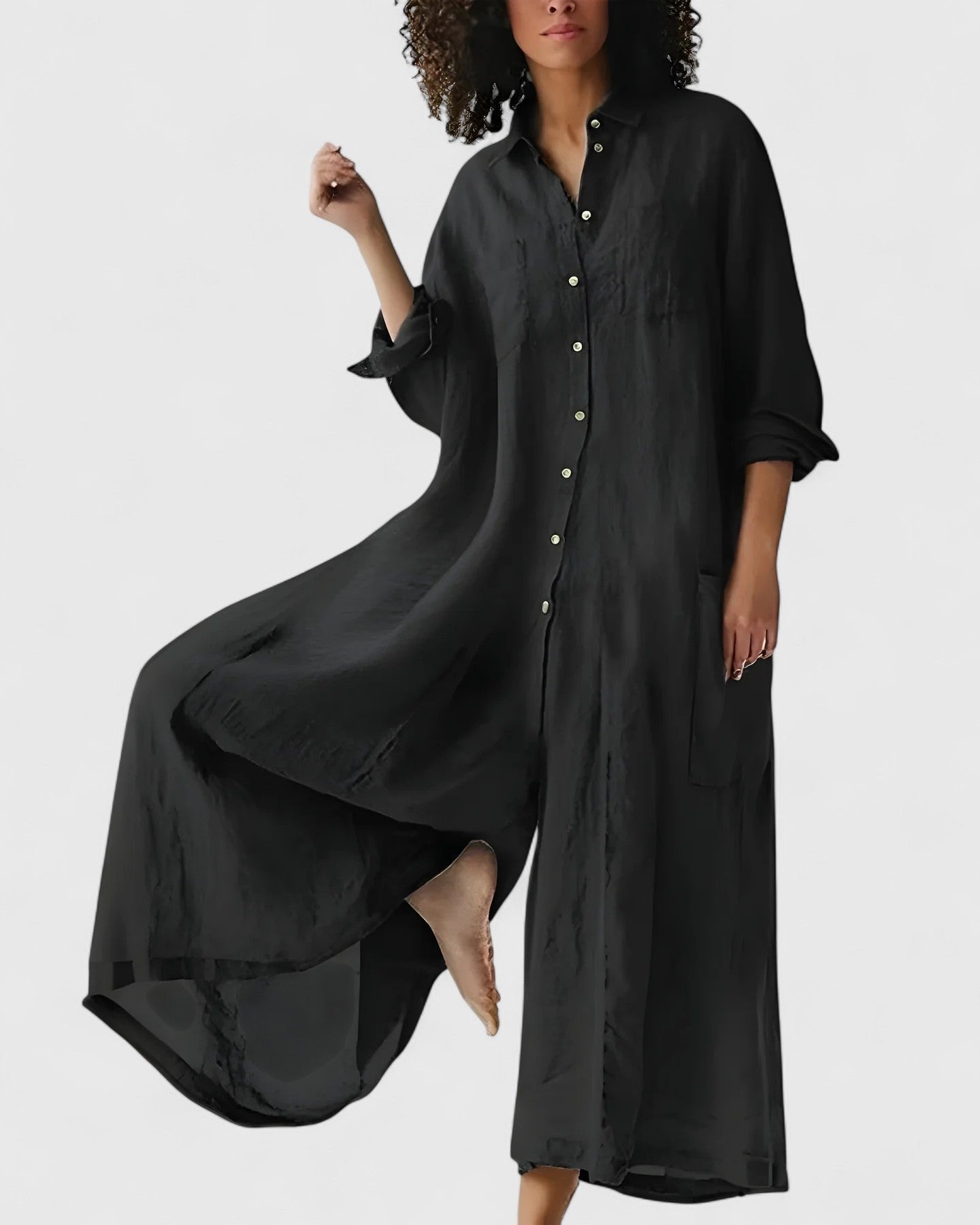Women's Satin Long Sleeve Maxi Shirt Dress - Black